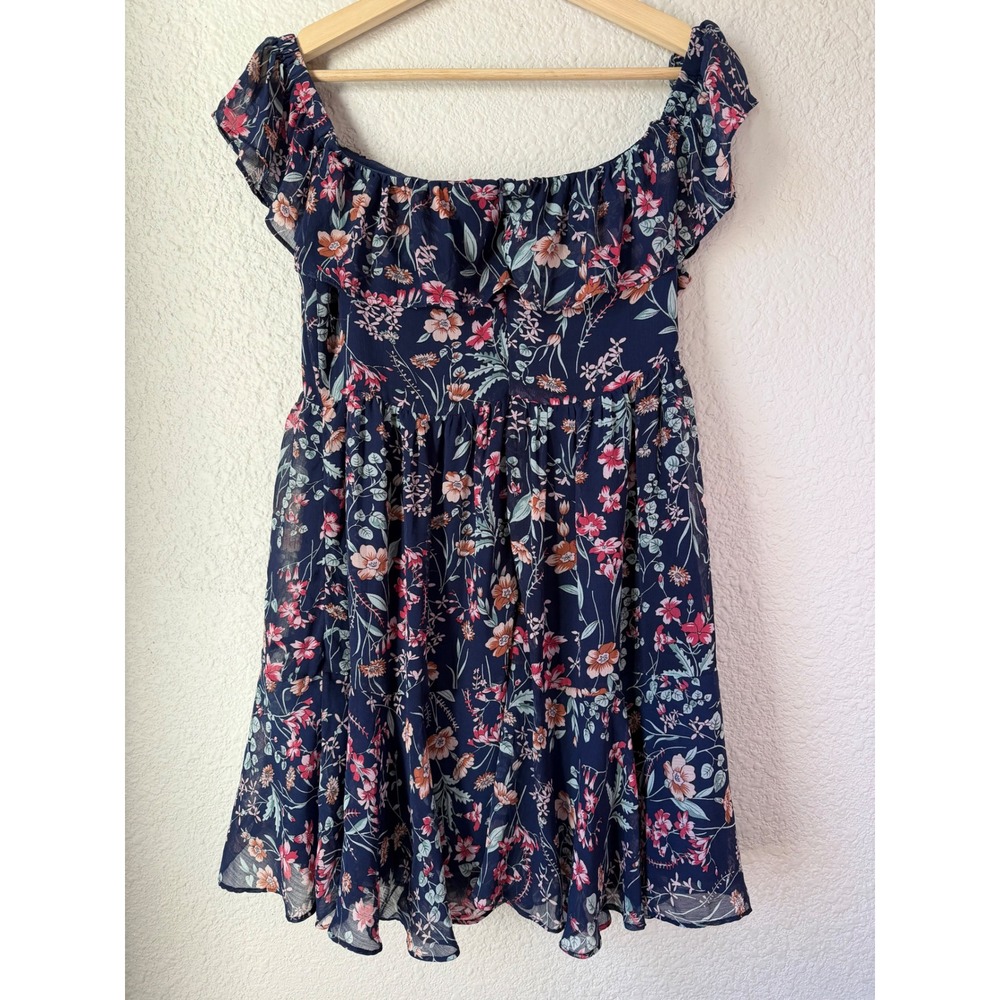 Lulus Navy Blue Floral Off the Shoulder Ruffle Chiffon Mini Dress Size M‎ - Picture 3 of 5